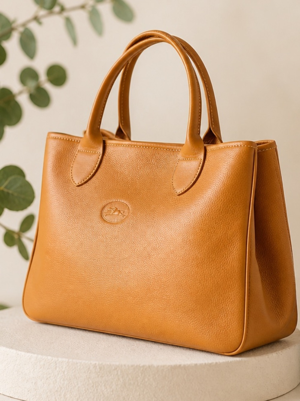 Authentic Longchamp Cognac Leather Structured Top-Handle Tote.